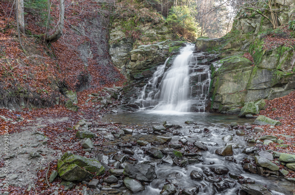Obraz premium Waterfall Wielki in Obidza, Beskid Sadecki mountain range in Polish Carpathian Mountains