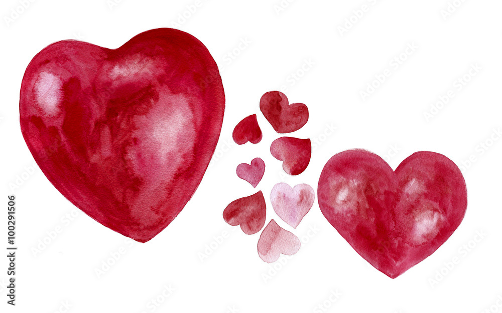 Set of watercolor hearts isolated on white background. Raster illustration