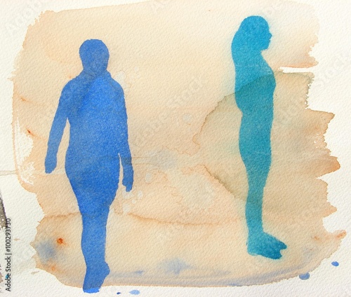 blue watercolor silhouette of person walking and standing