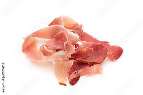 Slices of ham on white background.