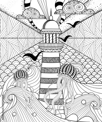 Hand drawn adult coloring page, artistically Sea with ethnic Lig