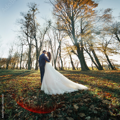 Romantic newlywed couple hugging and kissing in autumn forest at