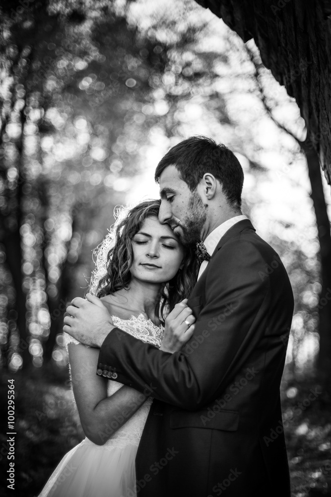 Fairytale romantic valentyne newlywed couple hugging and posing under old castle bridge at sunset in autumn b&w Fairytale romantic valentyne newlywed couple hugging and posing under old castle bridge at sunset in autumn b&w