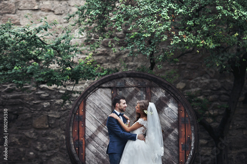 Foto Happy couple of newlywed valentynes hugging and posing with hobb