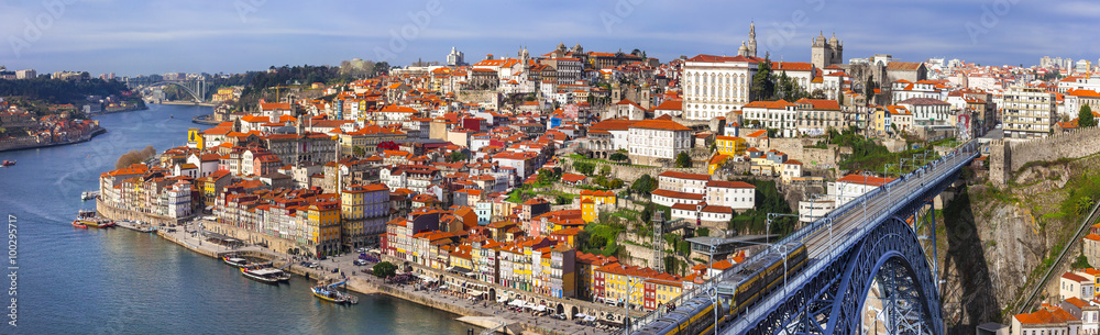 panorama of beautiful Porto - view with famous bridge of Luis, Portugal