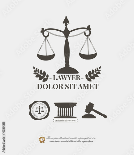 Law firm logos, lawyer weight and gavel attorney label. Typographic elements