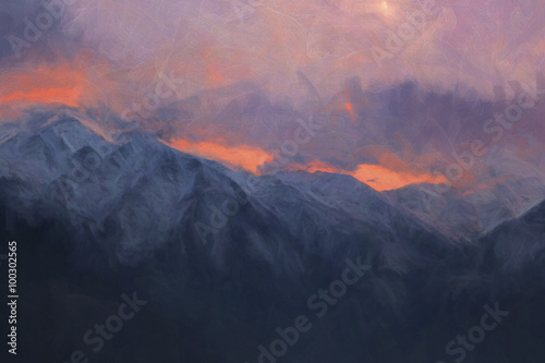 Dramatic mountains in the evening, digital painting illustration
