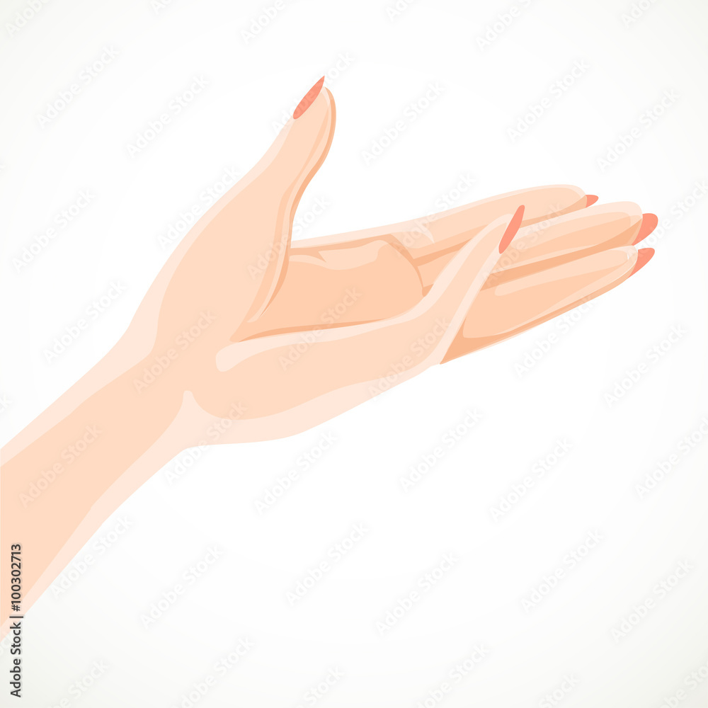 Beautiful female hand specifies by gesture aside 1. Isolated on
