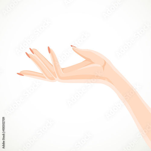 Beautiful female hand specifies by gesture aside isolated on a w