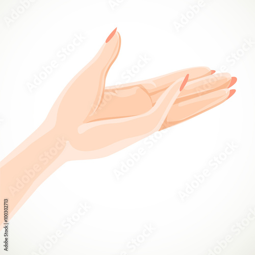 Beautiful female hand specifies by gesture aside 1. Isolated on