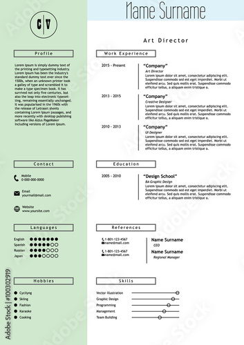 Vector creative resume template. Minimalistic green mint and white style. CV light infographic elements. Business personal job document.