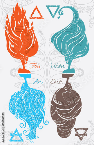 Fire, Air, Water, Earth. Elements. Esoteric illustration.