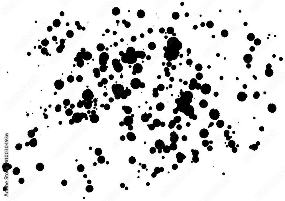 Grainy grunge abstract texture on a white background. Vector splatter of calligraphy ink in black on white background. Black ink blow explosion on white background. Paint spray, drop. Vector.