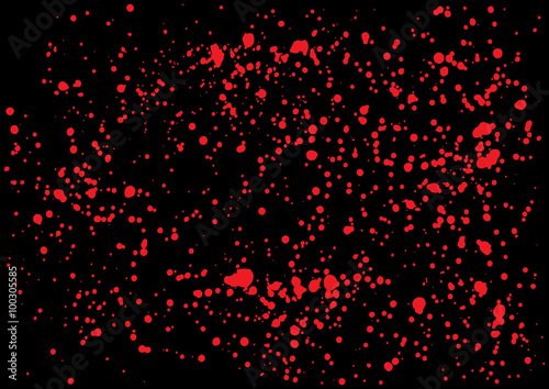 Vector splatter of blood in red color on black background. Bloody explosion on black background. Grainy blood texture blow. Red watercolor spray, drop on black background. Vector illustration. EPS 10.