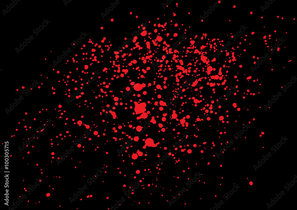 Vector splatter of blood in red color on black background. Bloody explosion  on black background. Grainy grungy blood texture blow. Red paint spill on black  background. Vector illustration. EPS 10. Stock Vector |