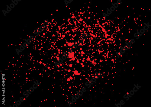 Vector splatter of blood in red color on black background. Bloody explosion on black background. Grainy grungy blood texture blow. Red paint spill on black background. Vector illustration. EPS 10.