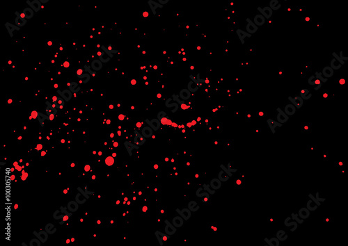 Vector splatter of blood in red color on black background. Bloody explosion on black background. Grainy blood texture blow. Red watercolor spray, drop on black background. Vector illustration. EPS 10.