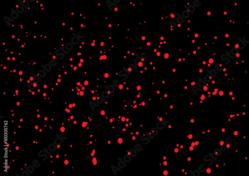 Vector splatter of blood in red color on black background. Bloody explosion on black background. Grainy blood texture blow. Red watercolor spray, drop on black background. Vector illustration. EPS 10.