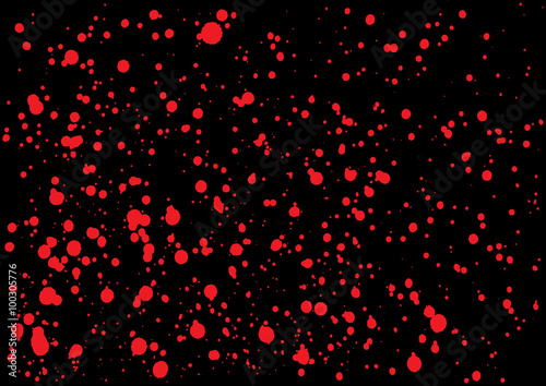 Vector splatter of blood in red color on black background. Bloody explosion on black background. Grainy grungy blood texture blow. Red paint spill on black background. Vector illustration. EPS 10.