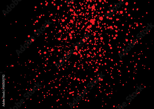 Vector splatter of blood in red color on black background. Bloody explosion on black background. Grainy grungy blood texture blow. Red paint spill on black background. Vector illustration. EPS 10.