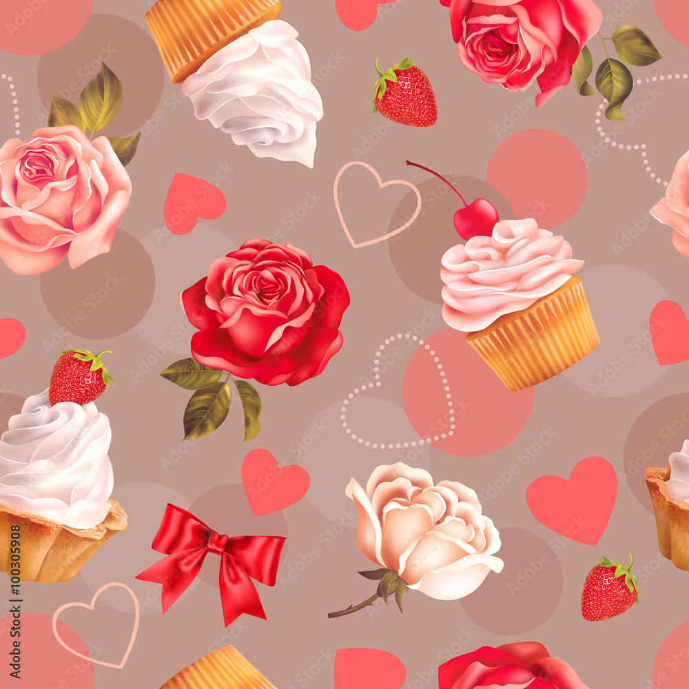 Seamless romantic pattern with roses, cupcakes and heart shapes. Vector illustration.