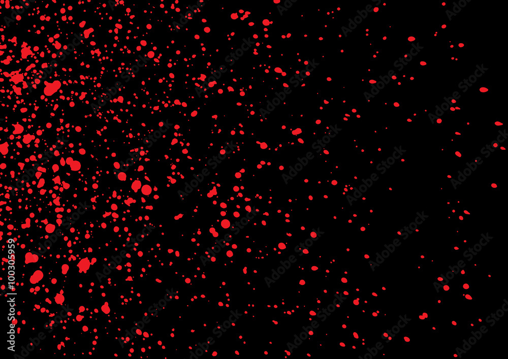 Blood splatter in red ink color on black background. Bloody explosion