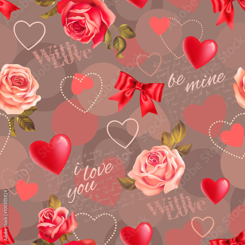 Seamless romantic pattern with roses, scripts and heart shapes. Vector illustration.