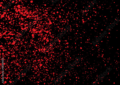 Blood splatter in red ink color on black background. Bloody explosion on black background. Grainy blood texture ink blow. Red watercolor spray, drop on black background. Vector illustration. EPS 10.