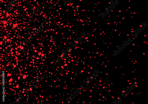 Blood splatter in red ink color on black background. Bloody explosion on black background. Grainy blood texture ink blow. Red watercolor spray, drop on black background. Vector illustration. EPS 10.