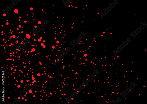 Blood splatter in red ink color on black background. Bloody explosion on black background. Grainy blood texture ink blow. Red watercolor spray, drop on black background. Vector illustration. EPS 10.