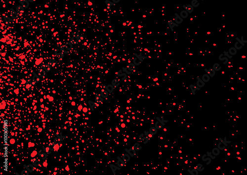 Blood splatter in red ink color on black background. Bloody explosion on black background. Grainy blood texture ink blow. Red watercolor spray, drop on black background. Vector illustration. EPS 10.