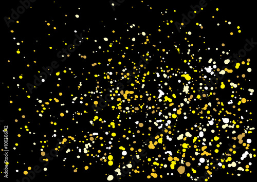 Gold glitter explosion on black background made of spray paint. Golden festive blow texture of confetti. Golden grunge grainy spray abstract texture of snow flakes. Holiday background. Vector.