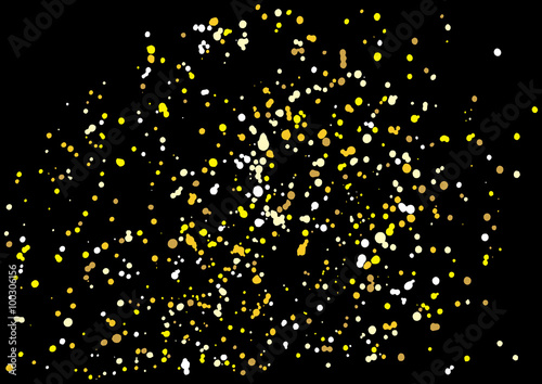 Gold glitter explosion on black background made of spray paint. Golden festive blow texture of confetti. Golden grunge grainy spray abstract texture of snow flakes. Holiday background. Vector. 