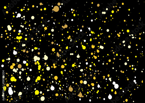 Imitation of gold glitter explosion on black background made of spray paint. Golden festive blow texture of confetti. Golden grunge grainy spray abstract texture of snowflakes. Holiday background.