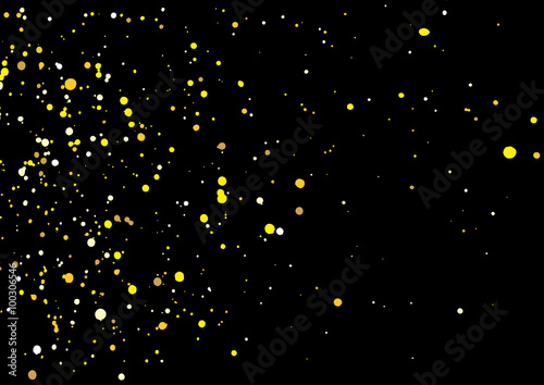 Imitation of gold glitter explosion on black background made of spray paint. Golden festive blow texture of confetti. Golden grunge grainy spray abstract texture of snowflakes. Holiday background.