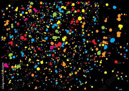 Colorful confetti isolated on black background. Abstract black background with many splattered falling round confetti pieces. Confetti random background Pattern made of calligraphy ink drops. Vector.