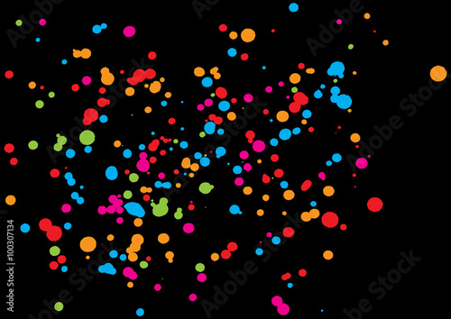 Abstract color splash illustration on black background. Calligraphy ink drop on paper random pattern background in color. Colorful confetti on black background. 