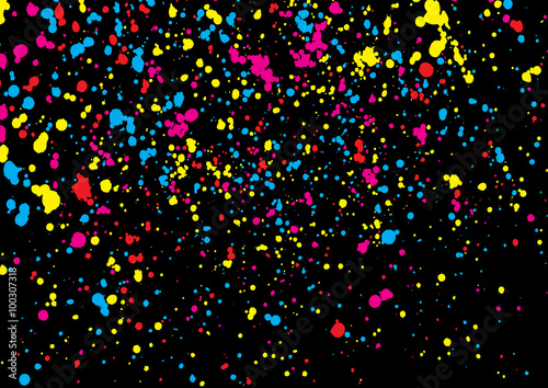 Colorful confetti isolated on black background. Abstract black background with many splattered falling round confetti pieces. Confetti random background Pattern made of calligraphy ink drops. Vector.