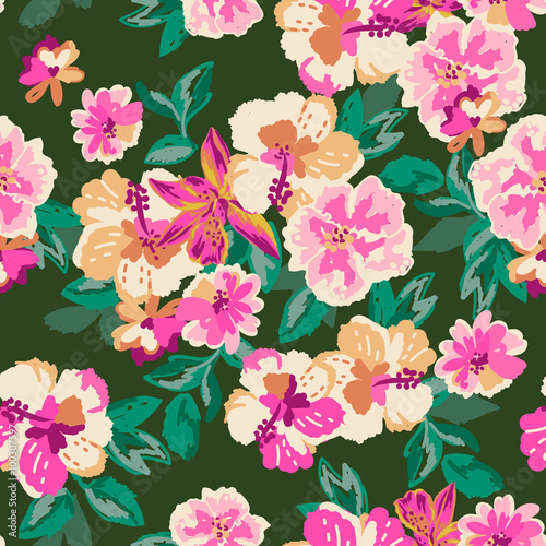 Fototapeta Naklejka Na Ścianę i Meble -  Painted tropical floral ~ seamless background