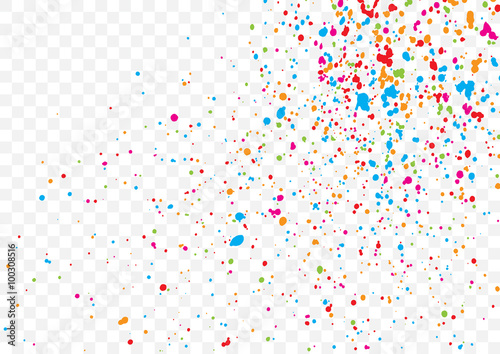 Transparent background with many falling tiny round random confetti, glitter and serpentine pieces blow and sprayed on transparent background. Isolated.