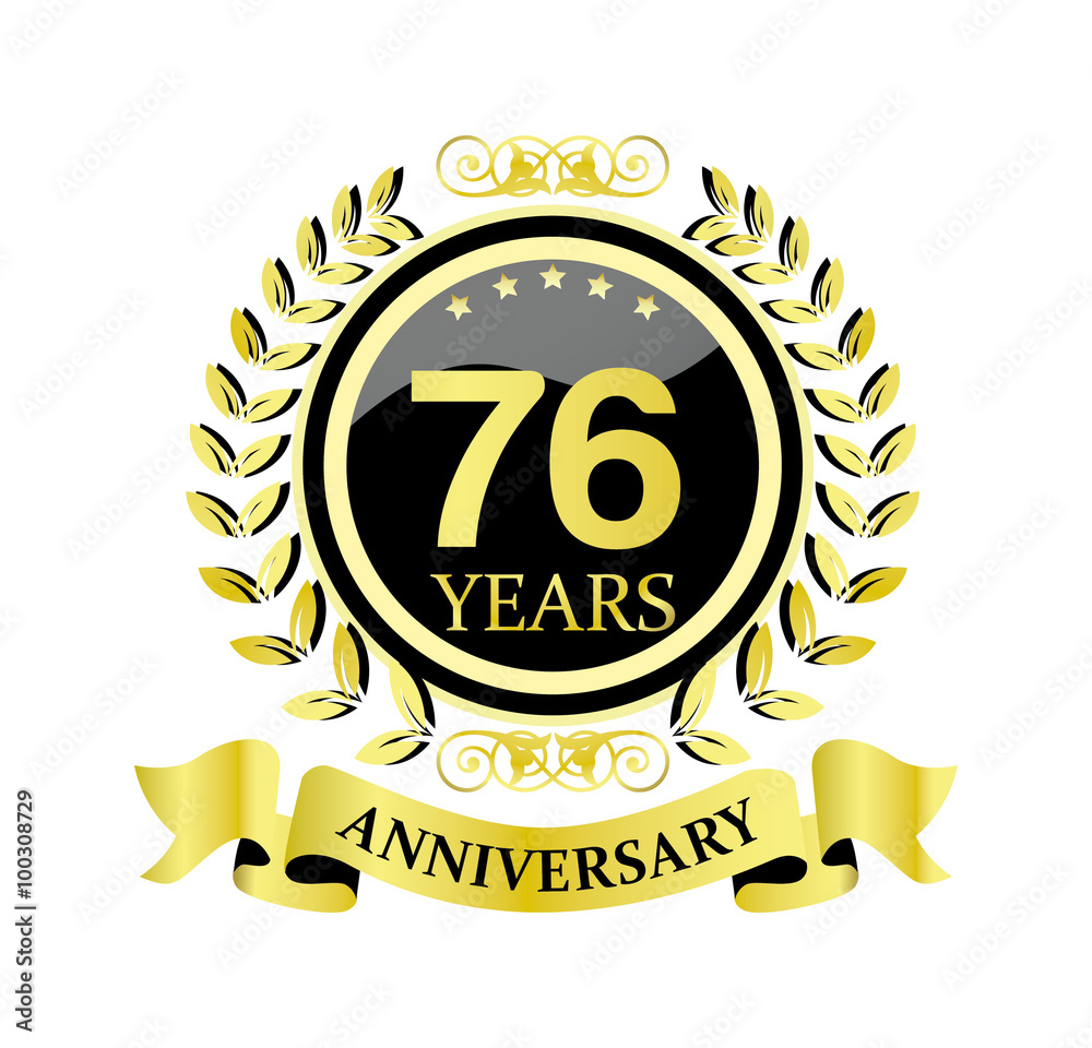 76 anniversary with glossy golden wreath and ribbon 