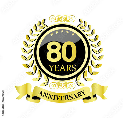 80 anniversary with glossy golden wreath and ribbon 