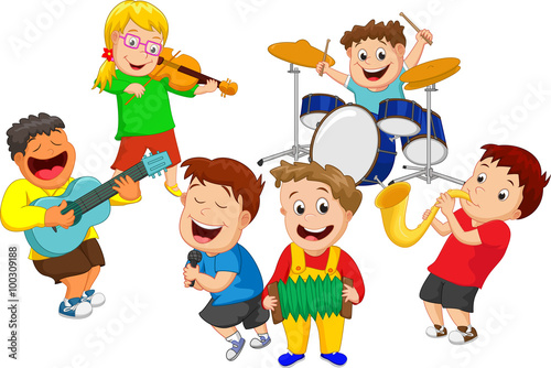 Illustration of children playing music instrument