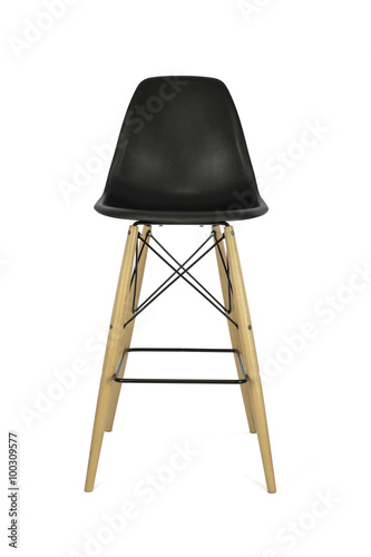 Black Plastic Bar Stool with Wooden Legs on White Background, Front View