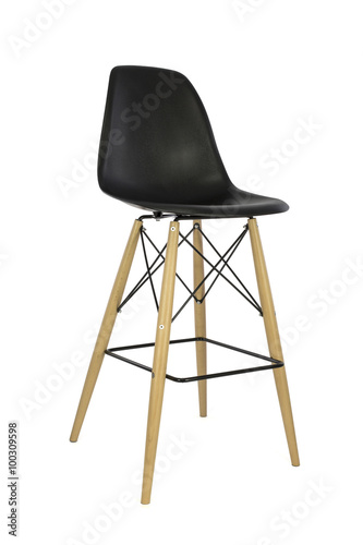 Black Plastic Bar Stool with Wooden Legs on White Background, Three Quarter View