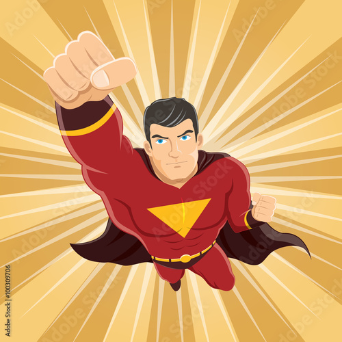 Flying Superhero with Clenched Fist Ready to Fight