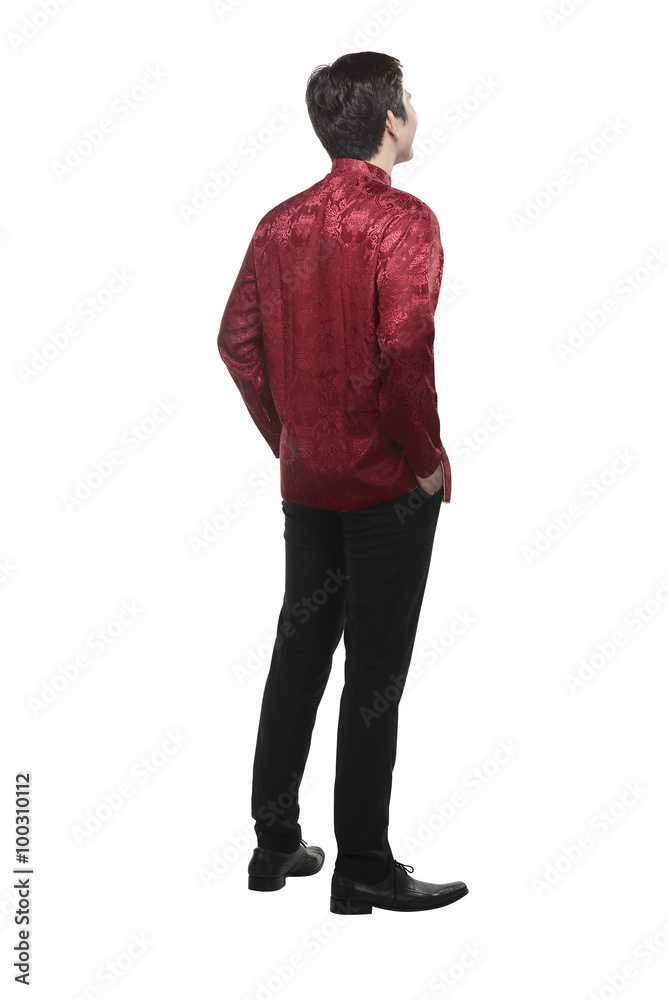 Back view of young chinese man in cheongsam suit Back view of young chinese man in cheongsam suit