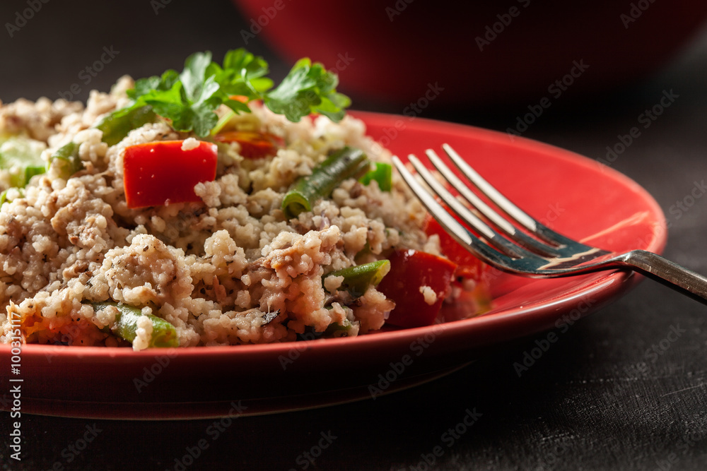 Salad couscous with tuna, bell pepper, cucumber, red onion and green beans Salad couscous with tuna, bell pepper, cucumber, red onion and green beans