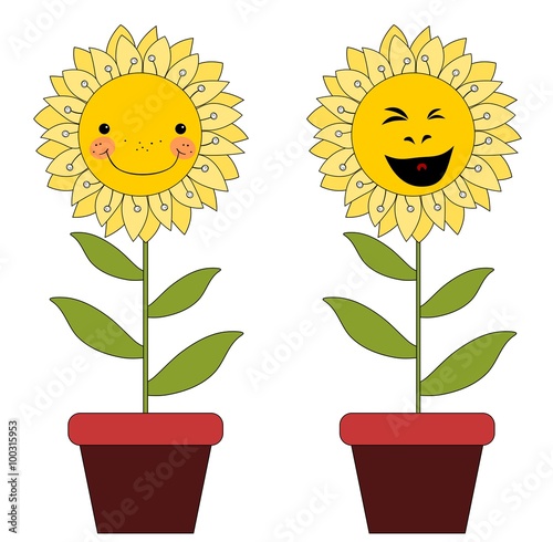 Fototapeta Naklejka Na Ścianę i Meble -  Smiling cartoon flowers in flowerpots