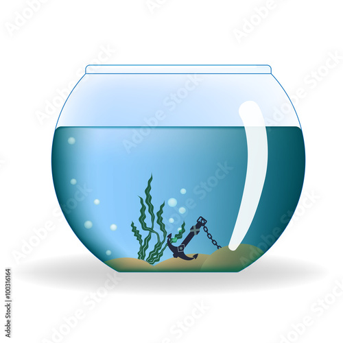 Round aquarium with water and decorations